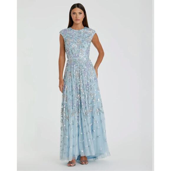 Mac Duggal Sequined High Neck Cap Sleeve A Line Gown Ice Blue Multi Size 12 NWT - Picture 1 of 13